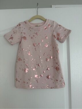 Girls' Pink Short-Sleeve Sweatshirt Dress with Metallic Splatter